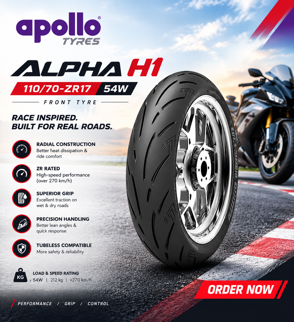 Apollo ALPHA H1 110/70 ZR17 Front Tyre
