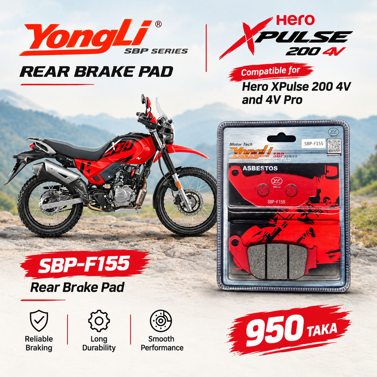 YongLi Rear Brake Pad for Hero XPulse 200 4V & 4V Pro