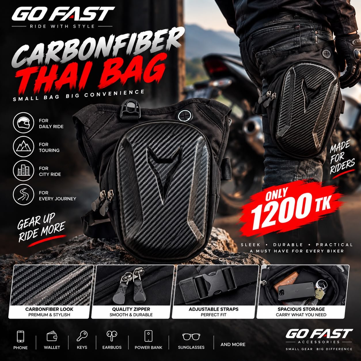 GOFAST Carbon Fiber Thigh Bag Full Black