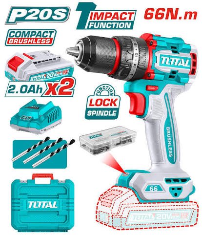 TOTAL TDLI20668 20V Compact Brushless Cordless Drill Kit