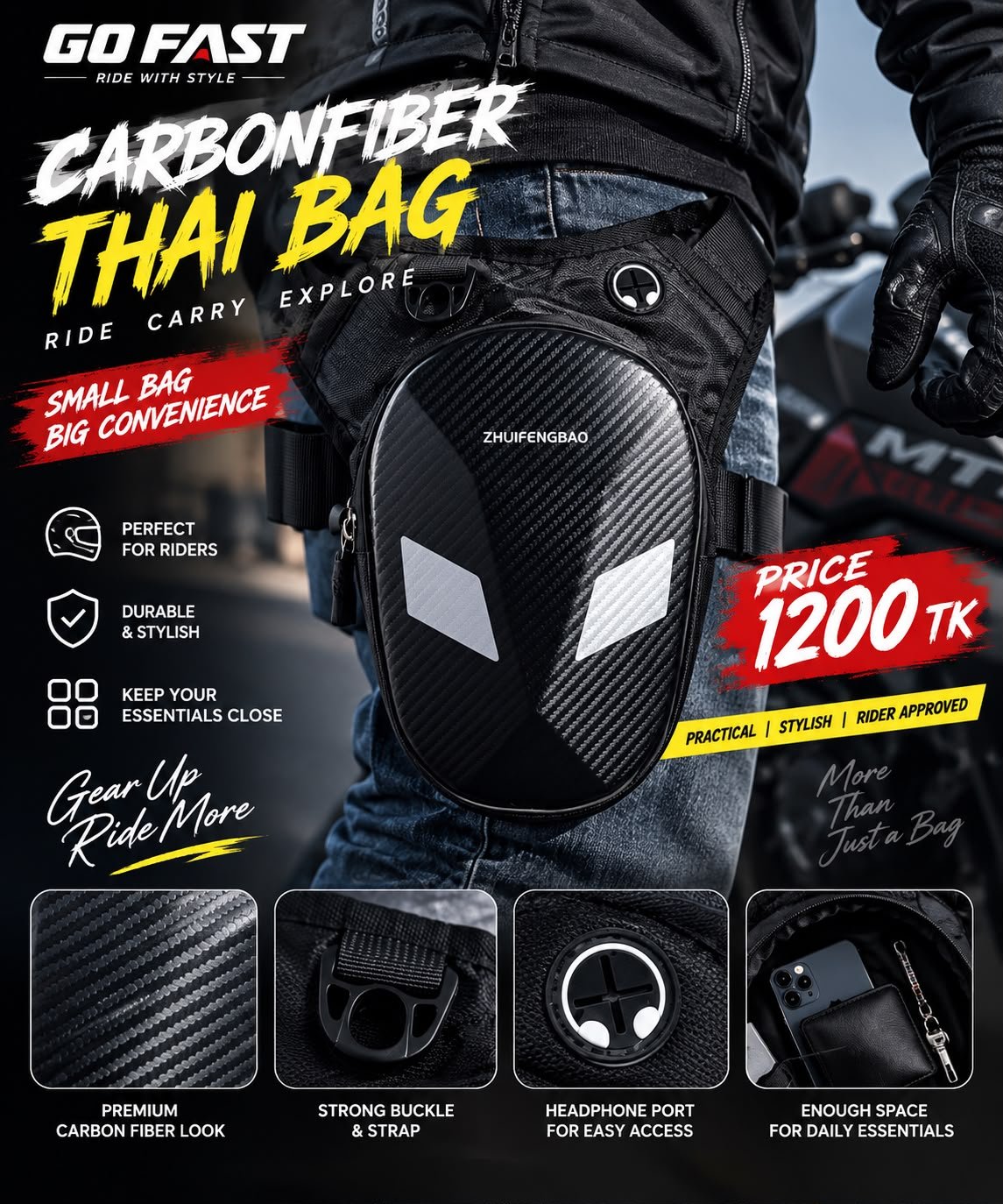 GOFAST Carbon Fiber Thigh Bag Black and white