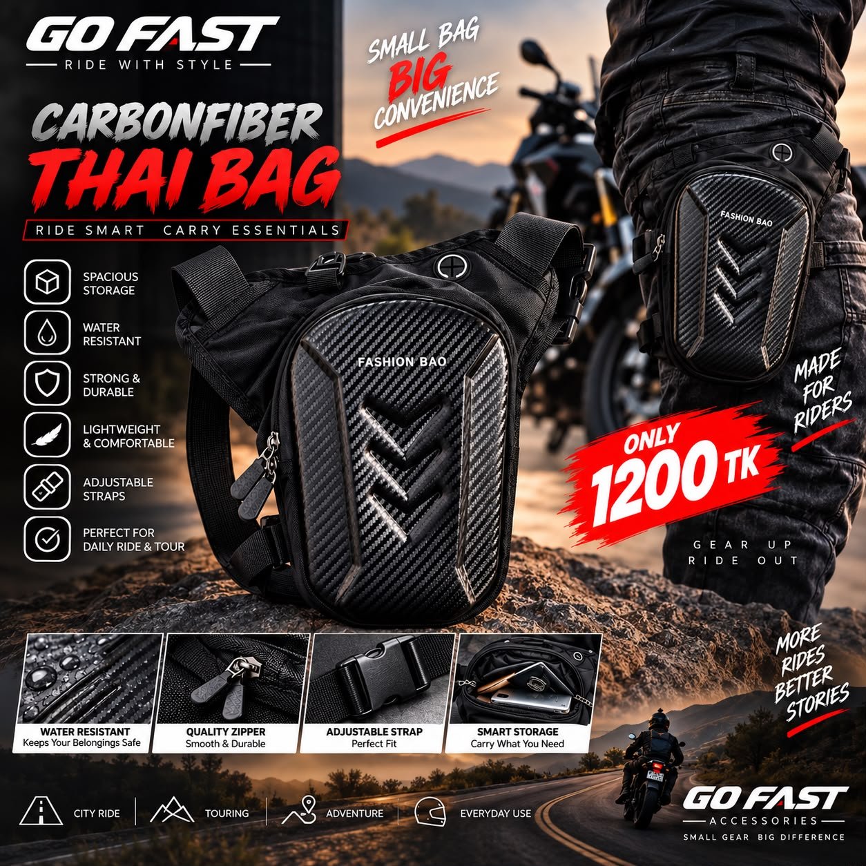 GOFAST Carbon Fiber Thigh Bag Full Black angle 2