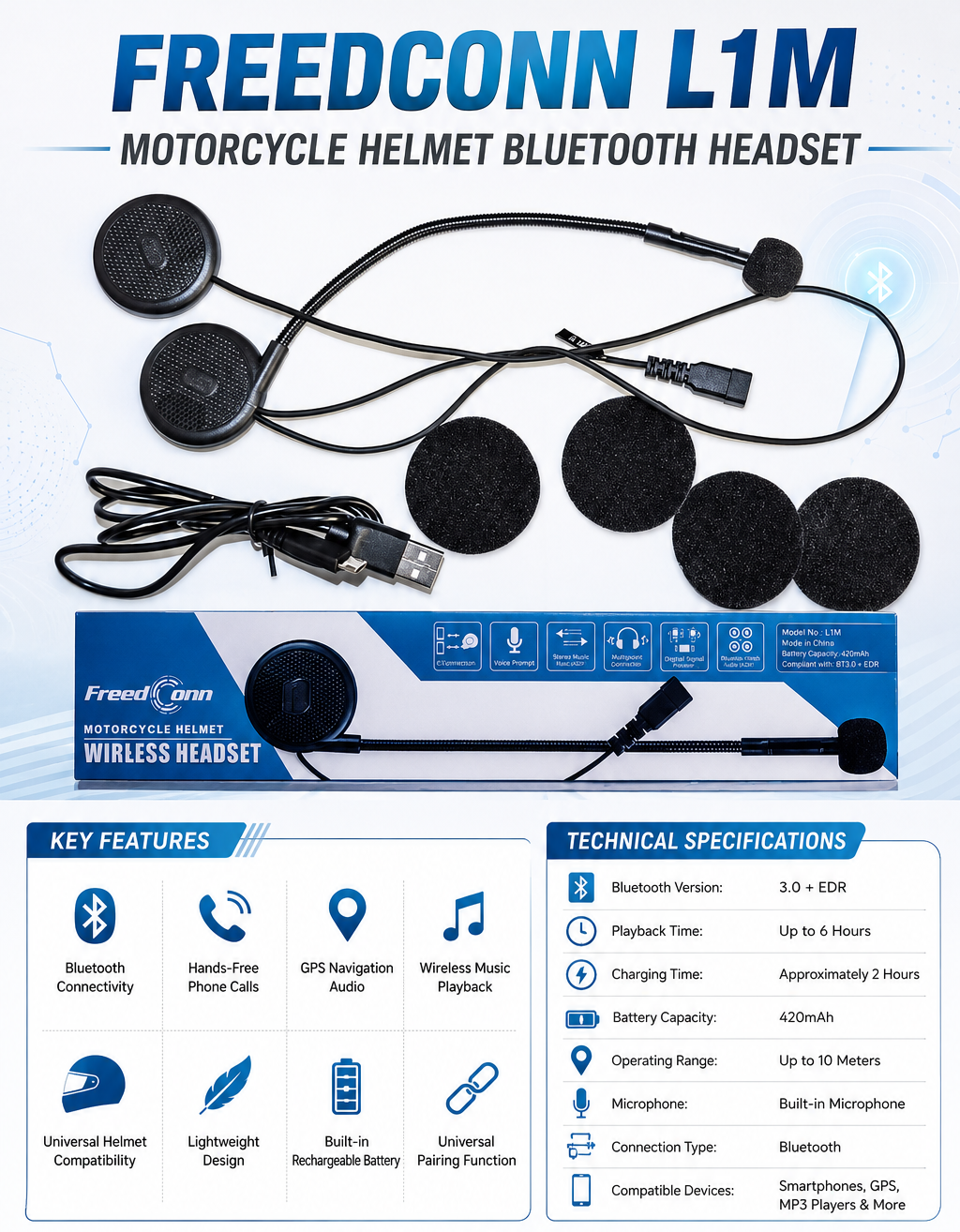 FreedConn L1M Motorcycle Helmet Bluetooth Headset